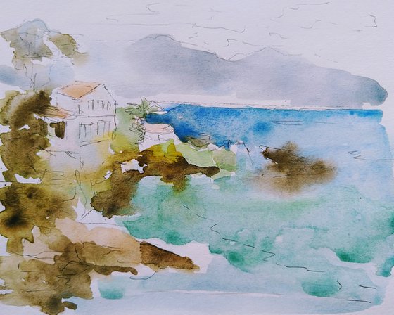 Greece. Etude by the sea. Original watercolour painting.