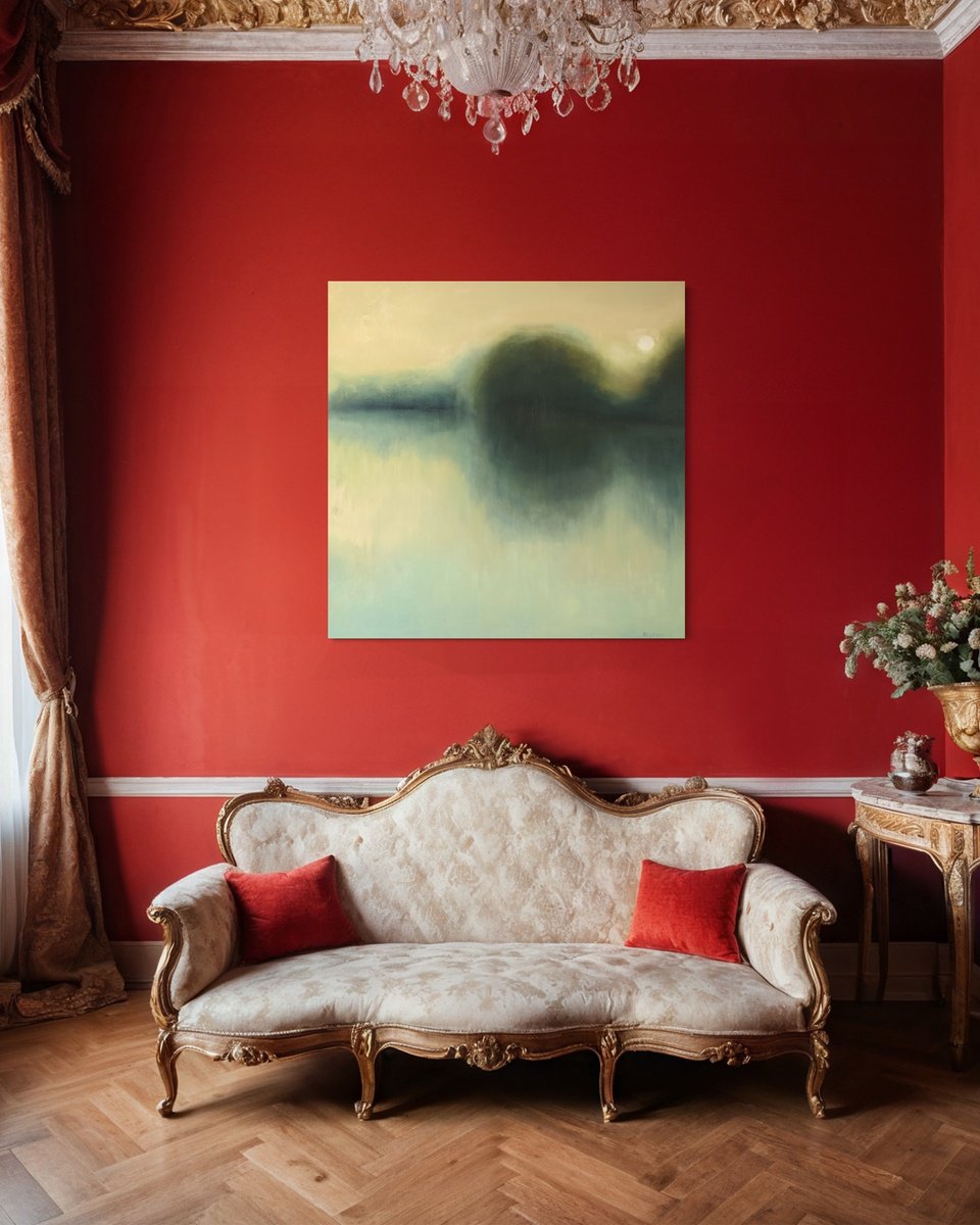 Organic Abstract Oil Painting By Renata Retrova, 39 X 39", Late Afternoon At The Lake, Original Artwork