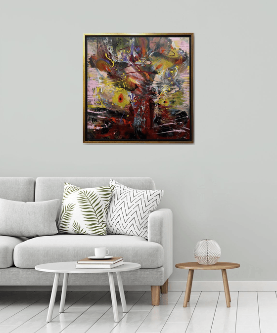 Framed autumn gestural action painting melancholia still life by O KLOSKA