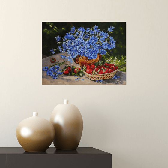 Blue Cornflowers with Strawberries