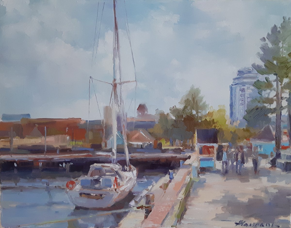 Halifax harbor, original one of a kind oil on canvas impressionistic style painting by Alexander Koltakov