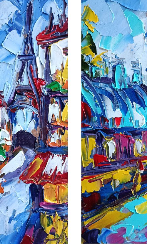 Reserved - diptych сities, small painting, cityscape, postcard, Big Ben, Eiffel Tower, city, gift idea, gift, oil painting, France, Eiffel Tower oil painting by Anastasia Kozorez