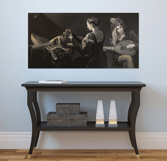 Lute Players Black and White Acrylic Painting