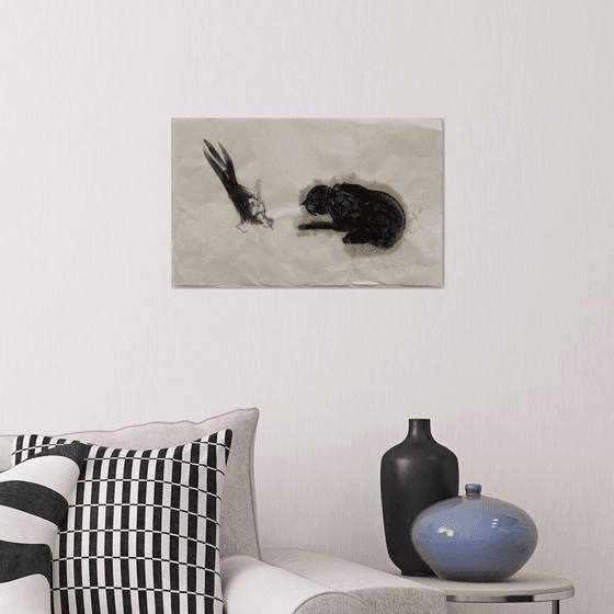 Cat and bird 1, ink painting on chinese paper, 33x53 cm