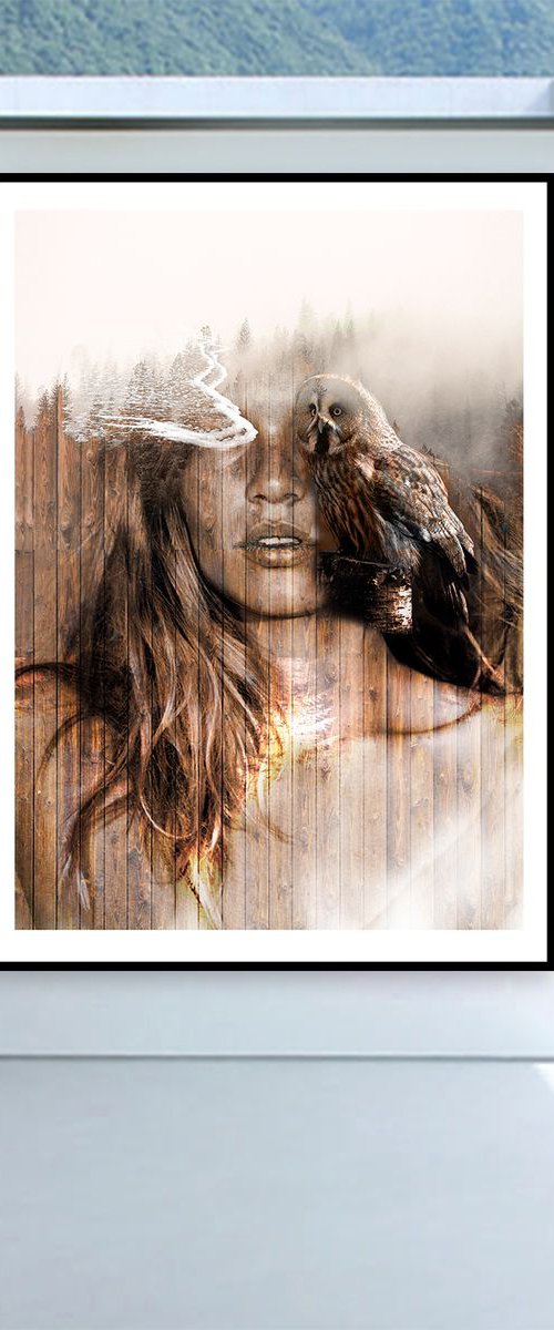 The girl with an Owl CANVAS Digital 120 cm x 80 cm by Anna Sidi-Yacoub