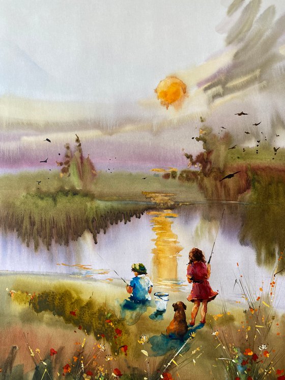 Sold Watercolor "Little fishermen", perfect gift