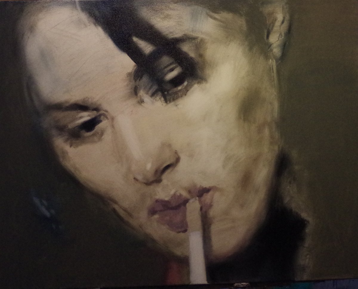 Impressionistic Portrait Oil Painting By Vygandas Doveika, 35 X 28", Lost In Thought, Original Artwork