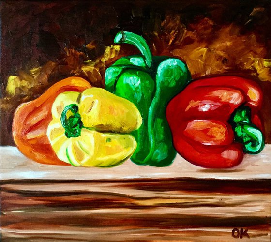 Peppers. Still life, vegetables, oil painting