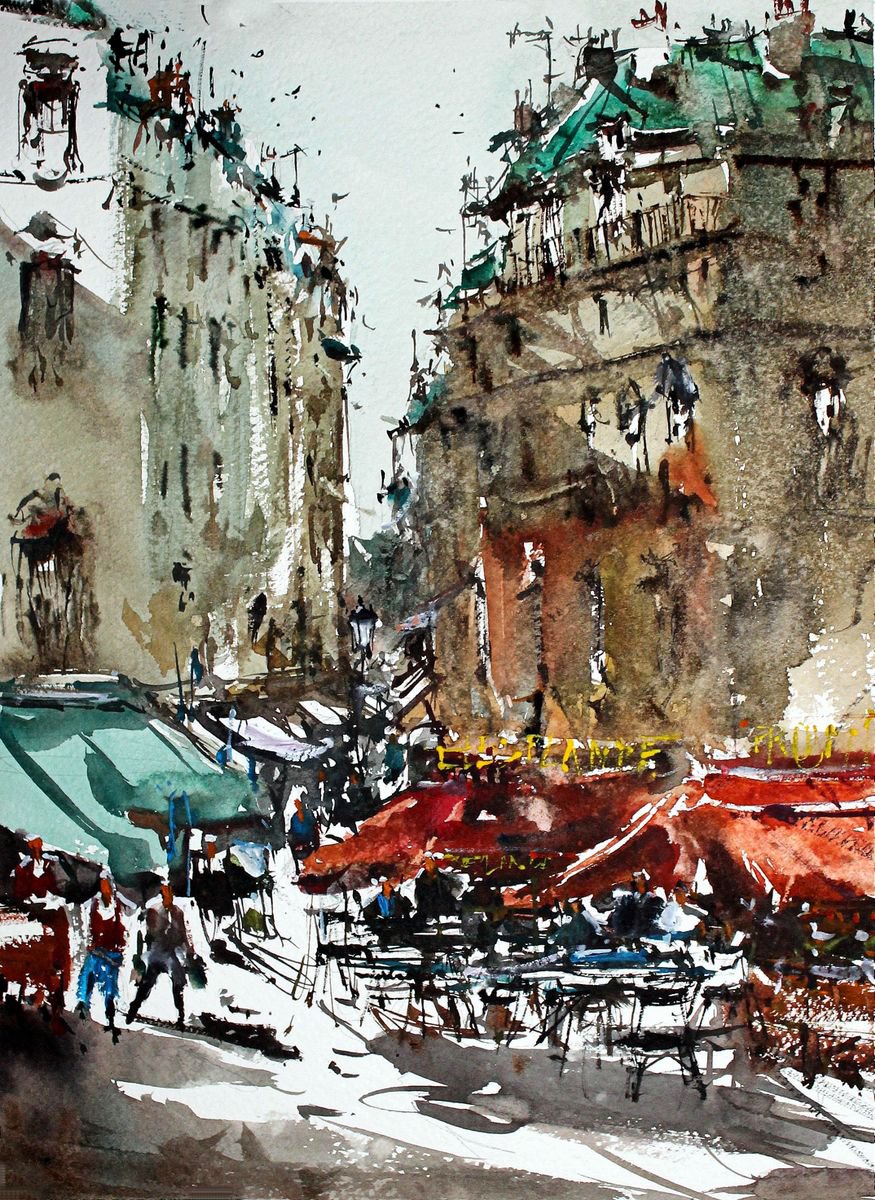Impressionistic Cityscapes Watercolour By Maximo Damico, 11 X 15", Paris Cafes Awnings, Original Artwork