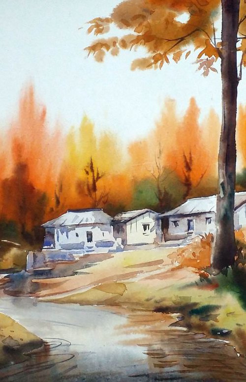 Autumn Forest Village & River - Watercolor on Paper by Samiran Sarkar