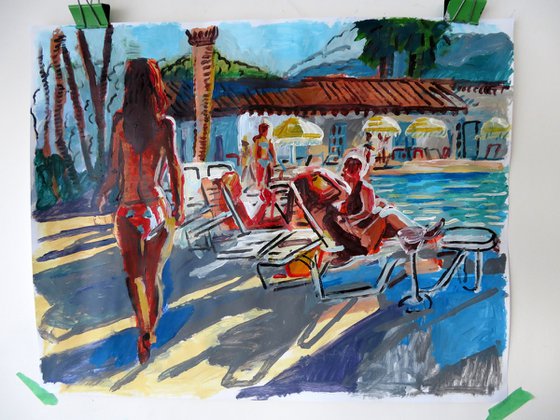 Swimming Pool scene with figure walking