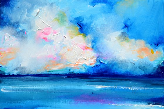 New Horizon 164 - 40x40 cm, Colourful Seascape, Sunset Painting, Impressionistic Colorful Painting, Large Modern Ready to Hang Abstract Landscape, Pink Sunset, Sunrise, Ocean Shore