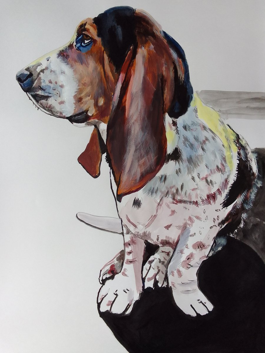 Photorealistic Animal Acrylic Painting By Soso Kumsiashvili, 24 X 33", Basset Hound, Original Artwork