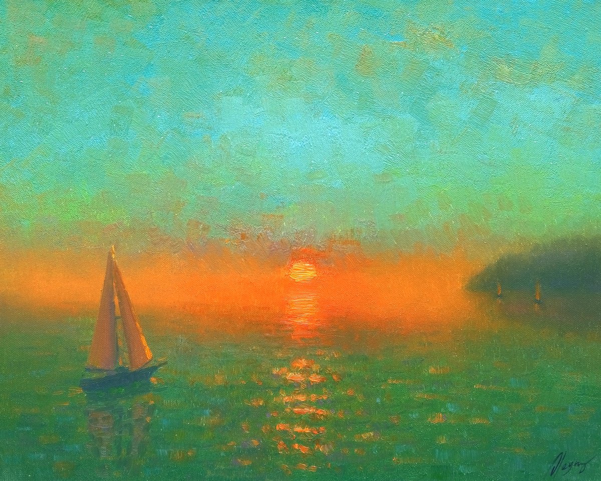 Impressionistic Landscape Oil Painting By Dmitry Oleyn, 20 X 16, Sunset, Original Artwork