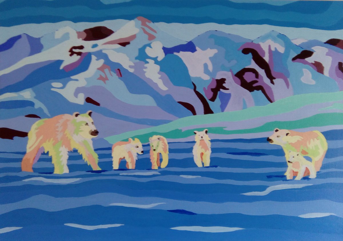 Naive Animal Acrylic Painting By Corinne Hamer, 23 X 17, Polar Bears, Original Artwork