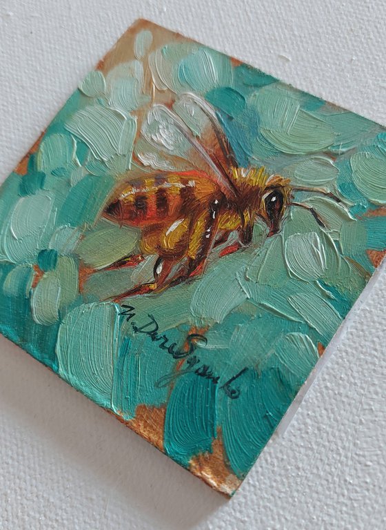 Bee art oil painting original in frame 2x2 inch, Honey bee artwork turquoise