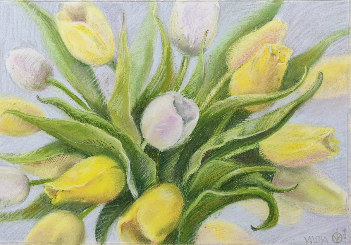 Impressionistic Botanical Pastel Drawing By Vio Valova, 17 X 12", Yellow Tulips, Original Artwork