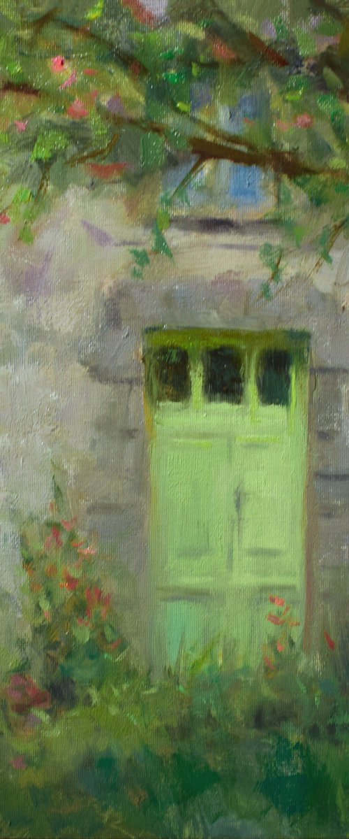 Old Green Door with Apple Blossom by Gav Banns