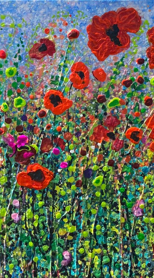 Meadow-Poppies - Modern Abstract Splattered, Textured - Original painting 24" X 18" X 0.5" by Lena Owens at OLena Art