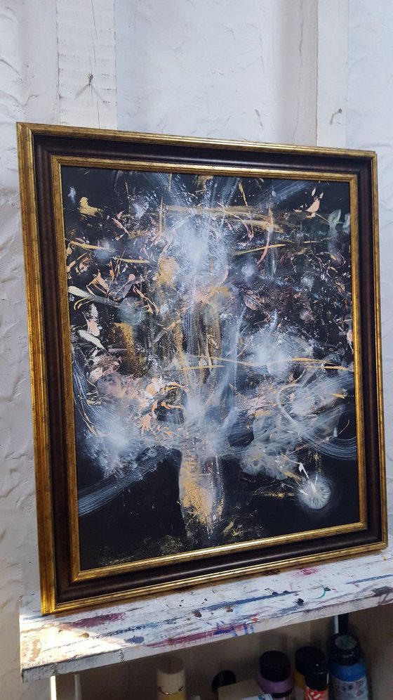 LARGE DARK GOLD FRAMED STILL LIFE LIKE UNIVERSE TRAVELING SUPERBE DIAPHANE ENERGY MASTERPIECE BY OVIDIU KLOSKA