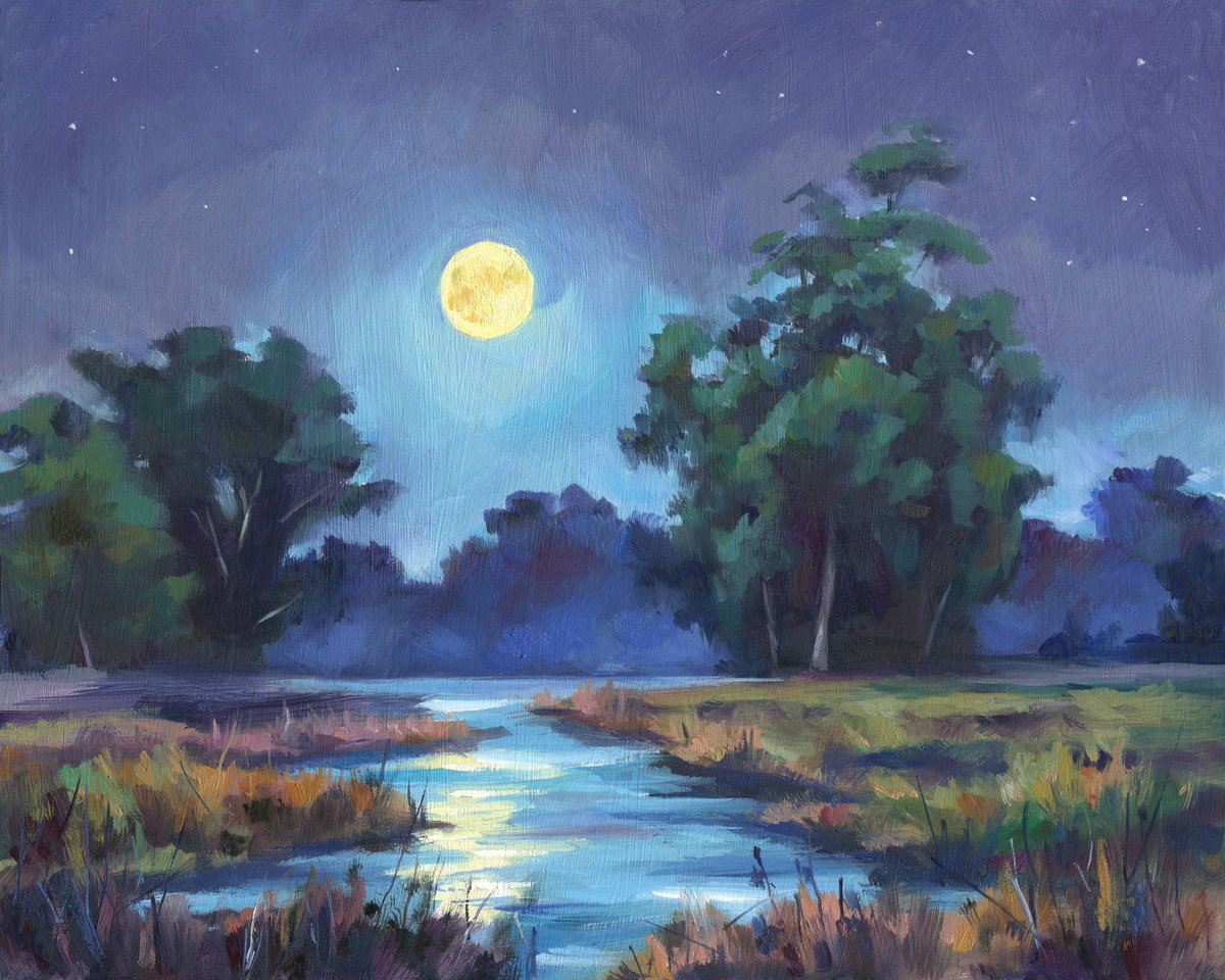 Photorealistic Landscape Oil Painting By Lucia Verdejo, 9 X 11", Night Landscape In The Swamp, Original Artwork