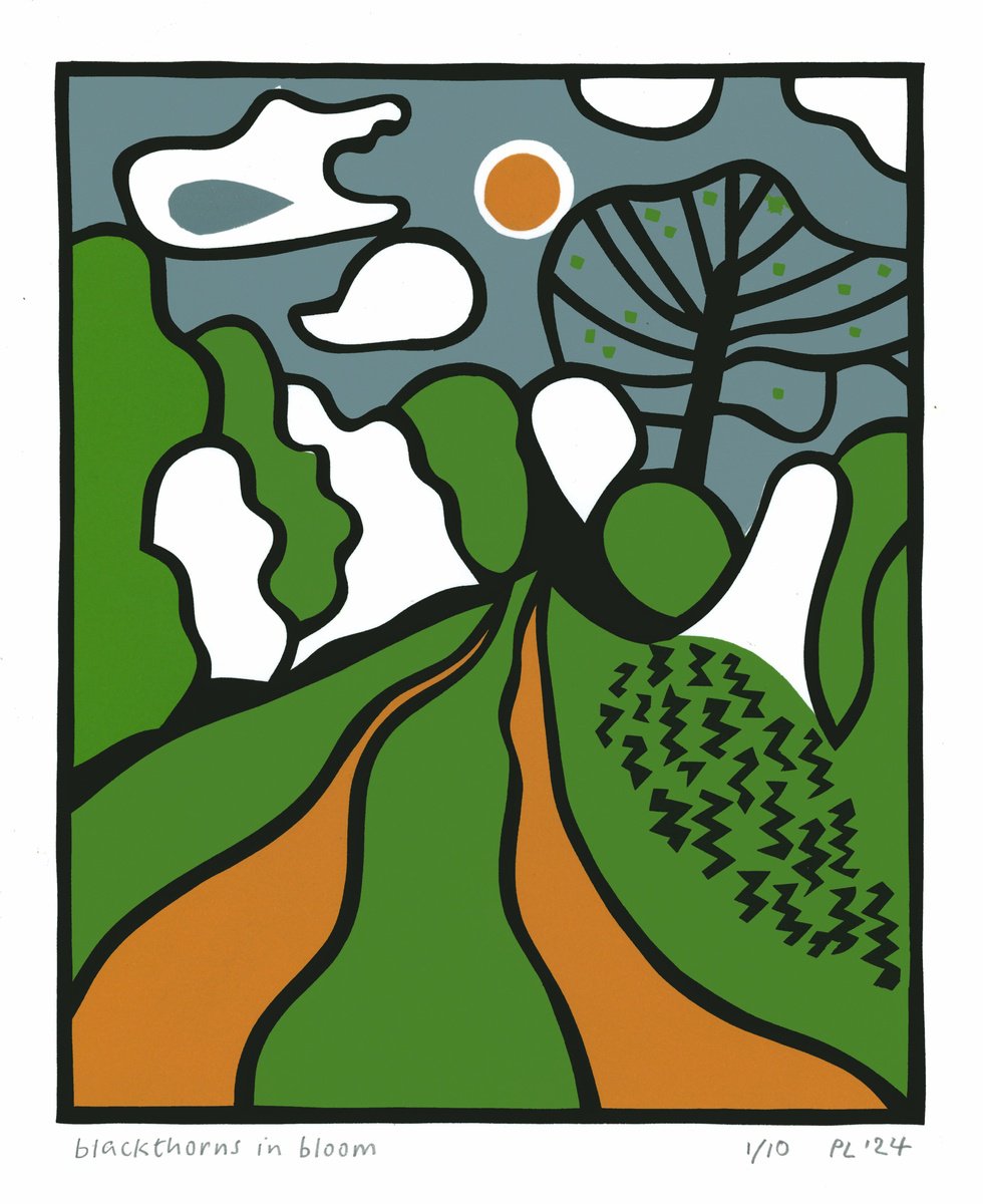 Graphic Landscape Print By Peter Long, 12 X 15", Blackthorns In Bloom, Original Artwork