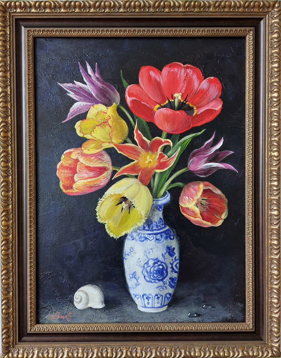 Impressionistic Botanical Acrylic Painting By Anna Silabrama, 15 X 19, Tulips In Chinese Vase, Original Artwork