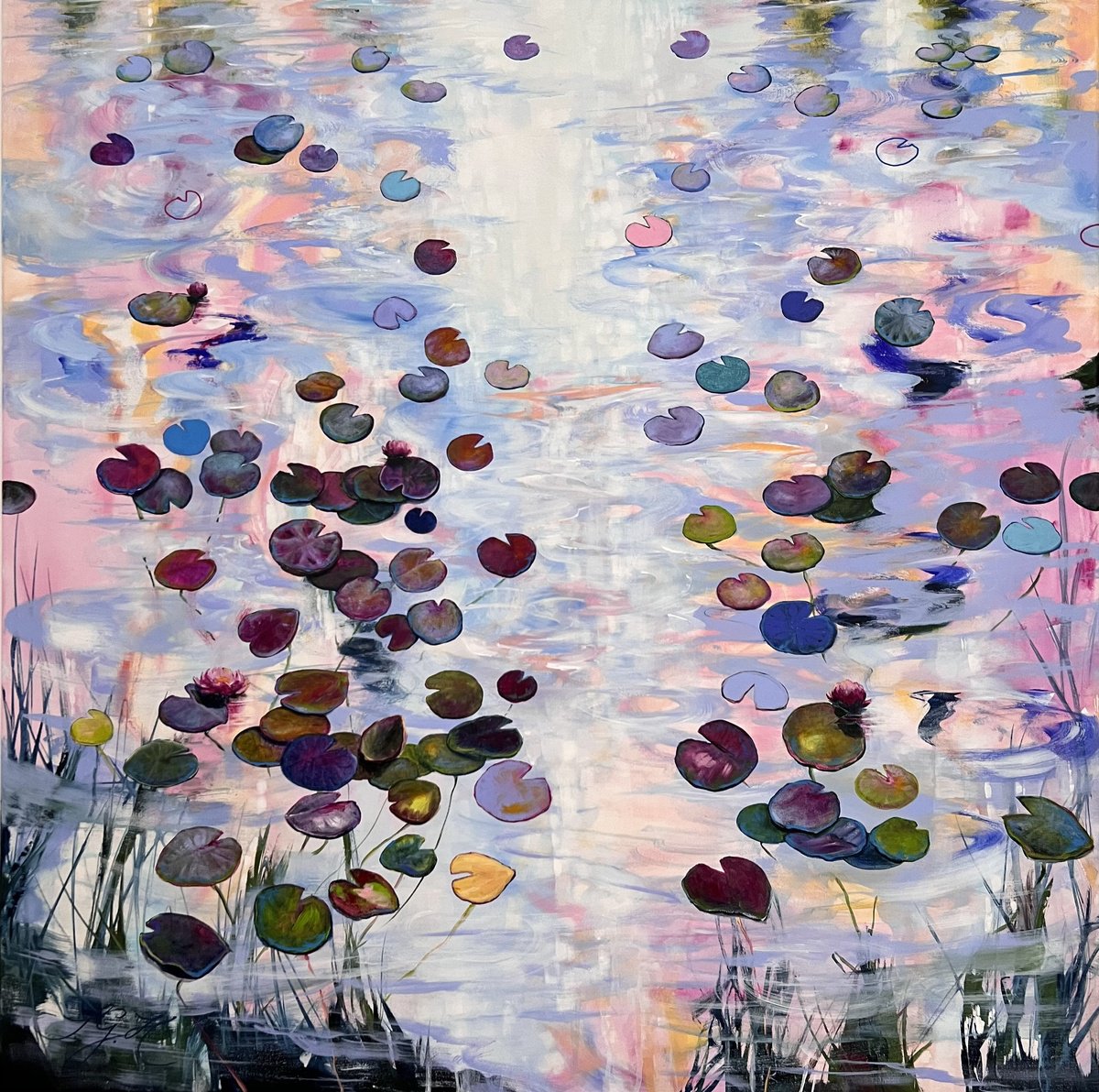 Impressionistic Botanical Acrylic Painting By Sandra Gebhardt-Hoepfner, 39 X 39", Happy At The Pond 2, Original Artwork