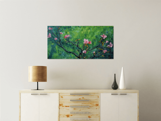 Spring flowers oil painting on canvas, pink flower, green wall art