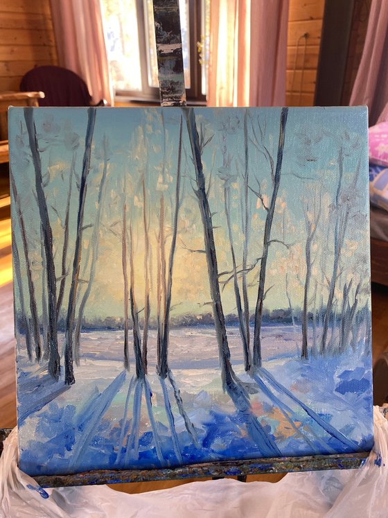 Winter lace.  Winter forest, winter landscape, small painting.