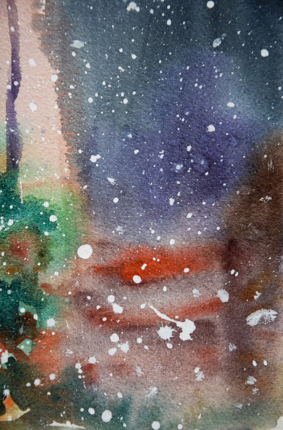 Winter New York watercolor painting, New Year Rockefeller Center, original abstract cityscape, snowy Manhattan