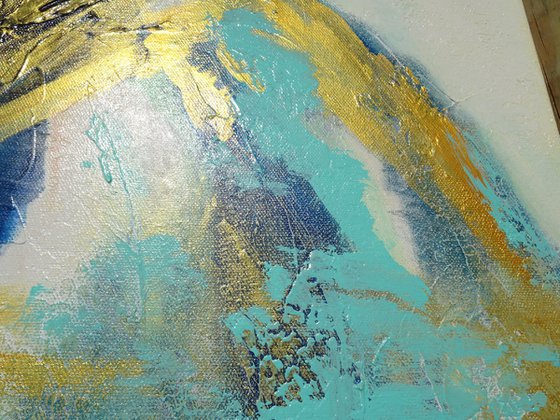 Blue and Gold Contemporary Abstract Landscape Painting. Modern Textured Art