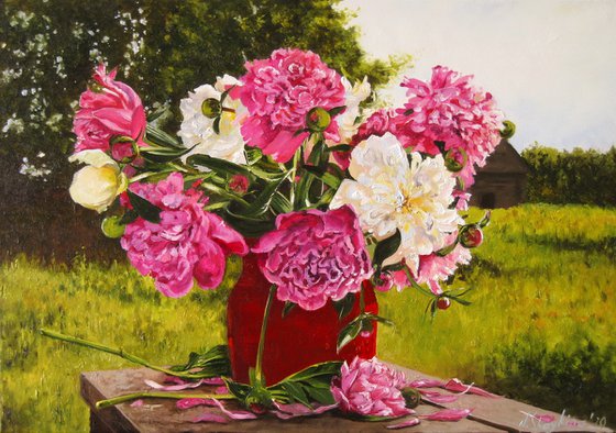 Peonies in red vase