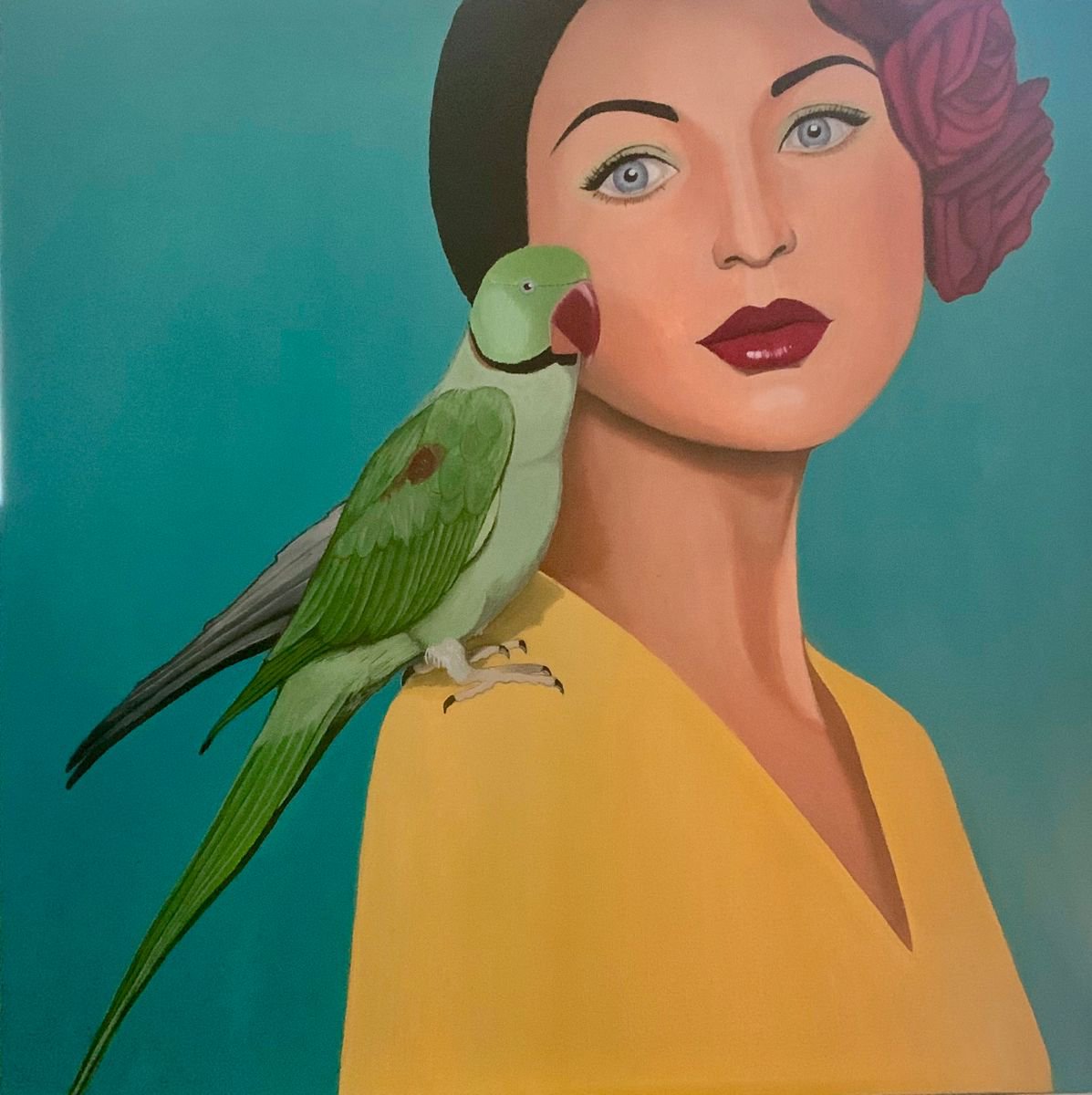 Expressive Portrait Giclee Print By Caroline Millott, 16 X 16, Girl & Parrot - Giclee Print, Original Artwork