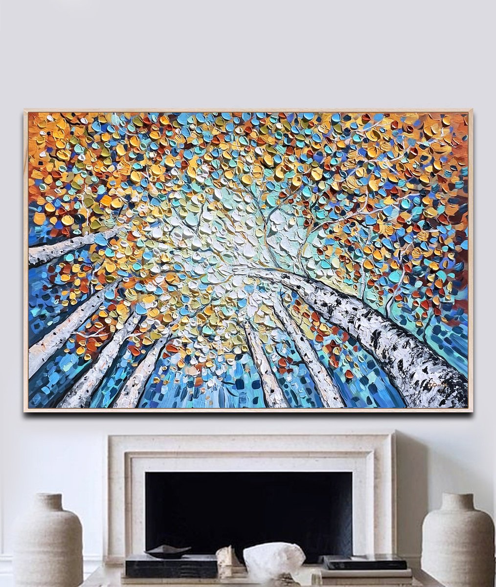 Abstract Landscape Acrylic Painting By Lana Guise, 49 X 33", Birch Sky, Original Artwork