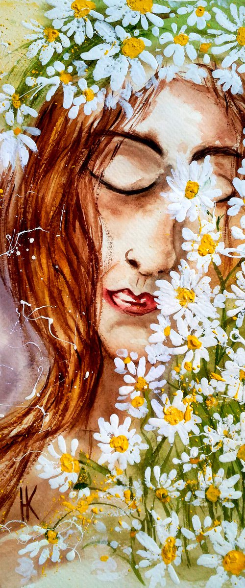 Flower Head Painting Woman Original Art Daisy Watercolor Chamomile Artwork Floral Wall Art 10 by 14 inches by Halyna Kirichenko