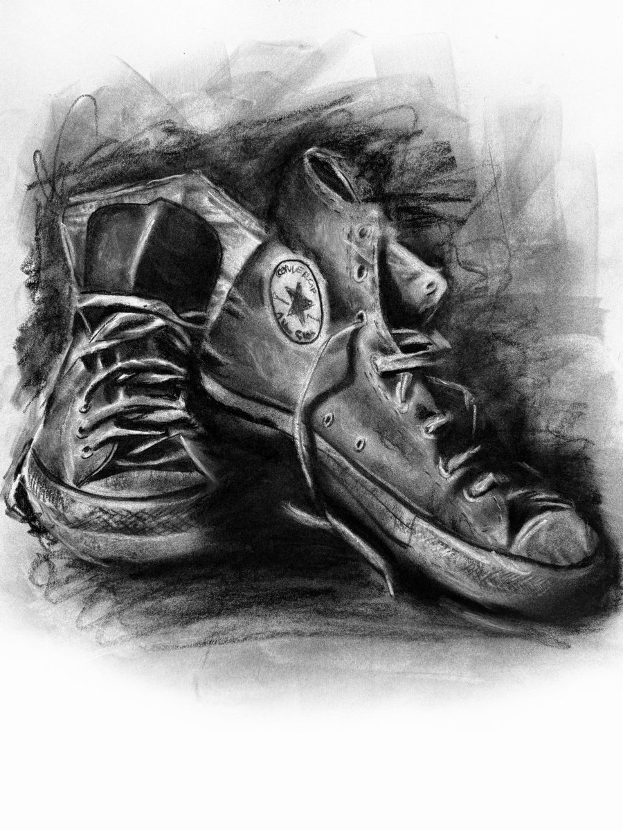Urban And Pop Still Life Charcoal Drawing By Denny Stoekenbroek, 12 X 17, Well Worn Journies, Original Artwork