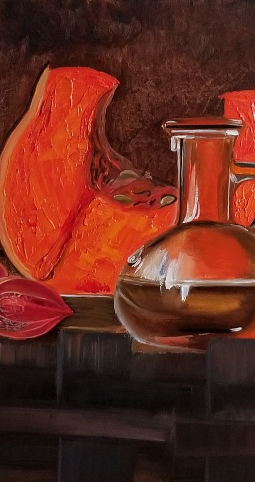 Still Life with Pumpkin. Original Oil Painting on Canvas. Christmas gift. New Year gift. 16" x 20". 40.6 x 50.8 cm. 2019. by Alexandra Tomorskaya/Caramel Art Gallery