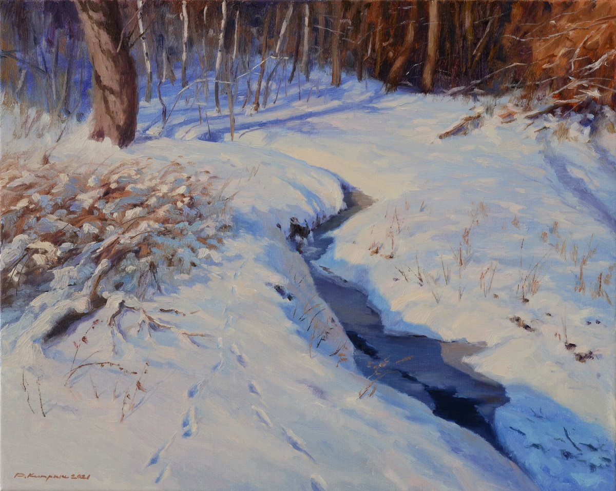 Impressionistic Landscape Oil Painting By Ruslan Kiprych, 20 X 16", Winter Afternoon, Original Artwork