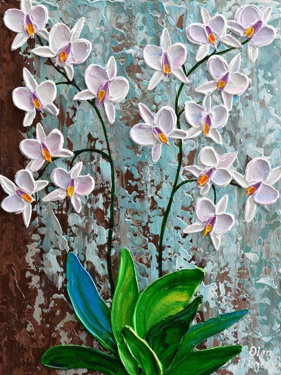 White Orchid - Impasto Floral Painting, Palette Knife Art