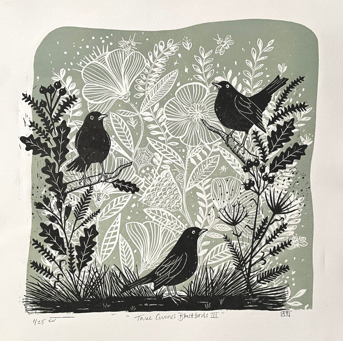 Organic Linocut , Three Curious Blackbirds Iii By Alison Headley, 12 X 12, Artwork For Sale On Artfinder
