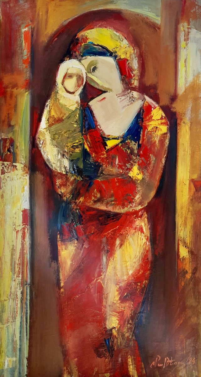 Abstract Portrait Oil Painting By Matevos Sargsyan, 13 X 24", In Mother