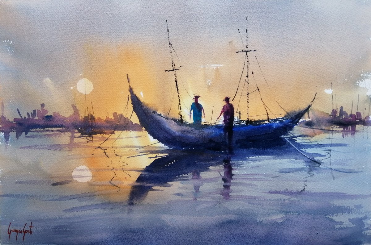 Impressionistic Watercolour , Boat Stranded 24 By Giorgio Gosti, 21 X 14, Artwork For Sale On Artfinder