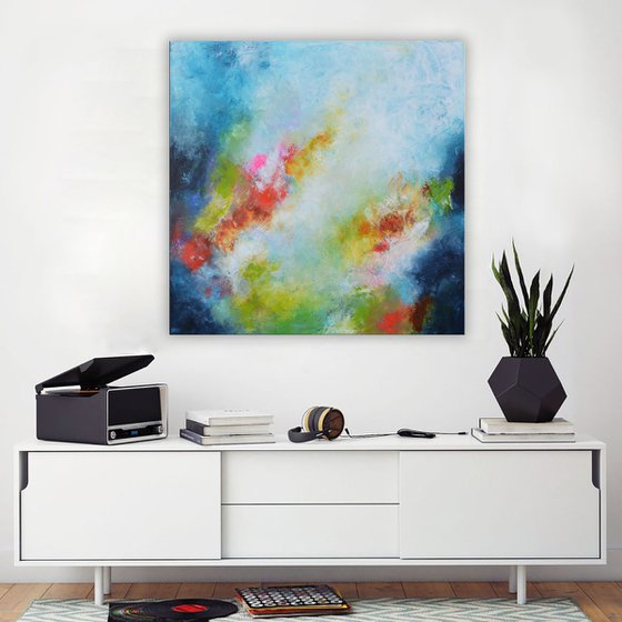 The story of the pink unicorn  - Original white, blue and pink square abstract painting