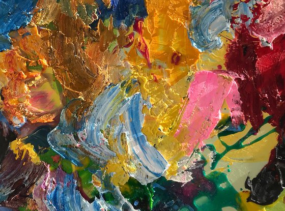 Multicolored Textured  Abstract Artwork on a Wooden Painter's Palette