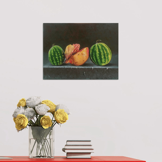 Still life pomegranate and small watermelons (40x30cm, oil painting, ready to hang)