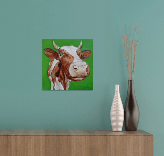 Cow portrait close up painting green background