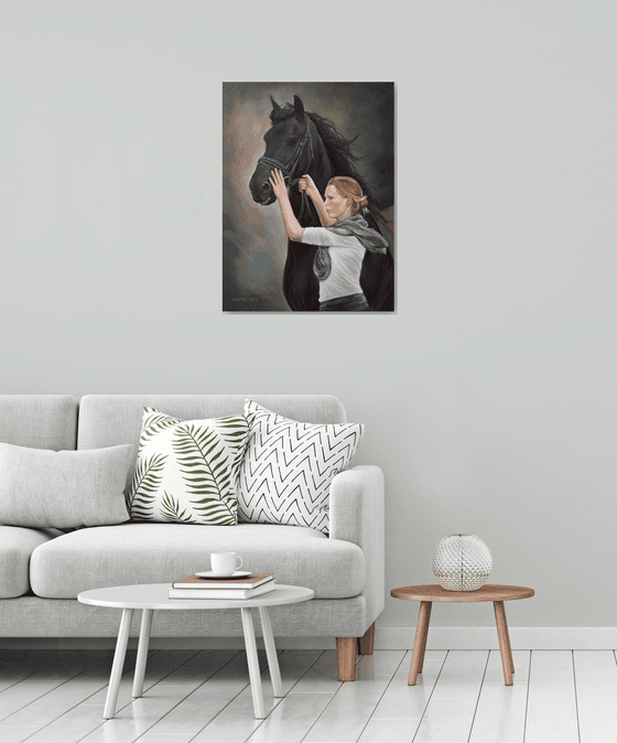 Girl with her Friesian Horse (Original Oil Painting, 100% Handmade)