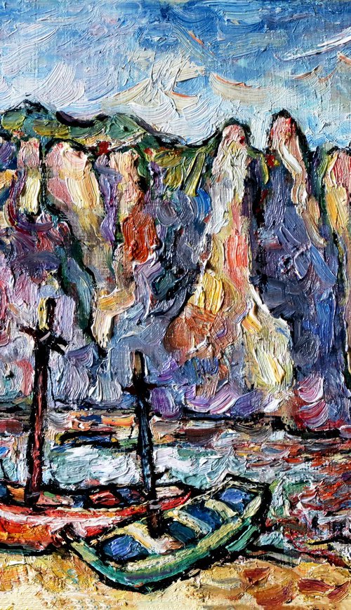 Boats on the shore. by Nikifor Swiristuhin