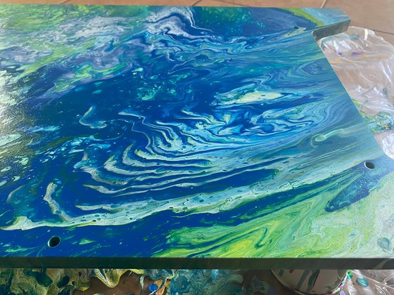 "Atomic Ripple" - Original Abstract PMS Fluid Acrylic Painting on a Recycled Desk Panel - 30 x 18 inches